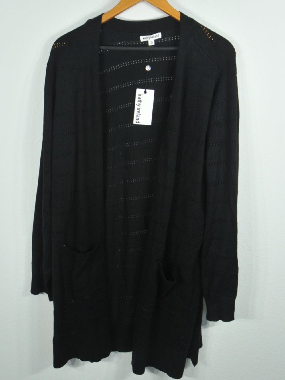 Kathy Ireland Womens Open-Front Cardigan Plus 3X Knit Long-Sleeve Black NWT